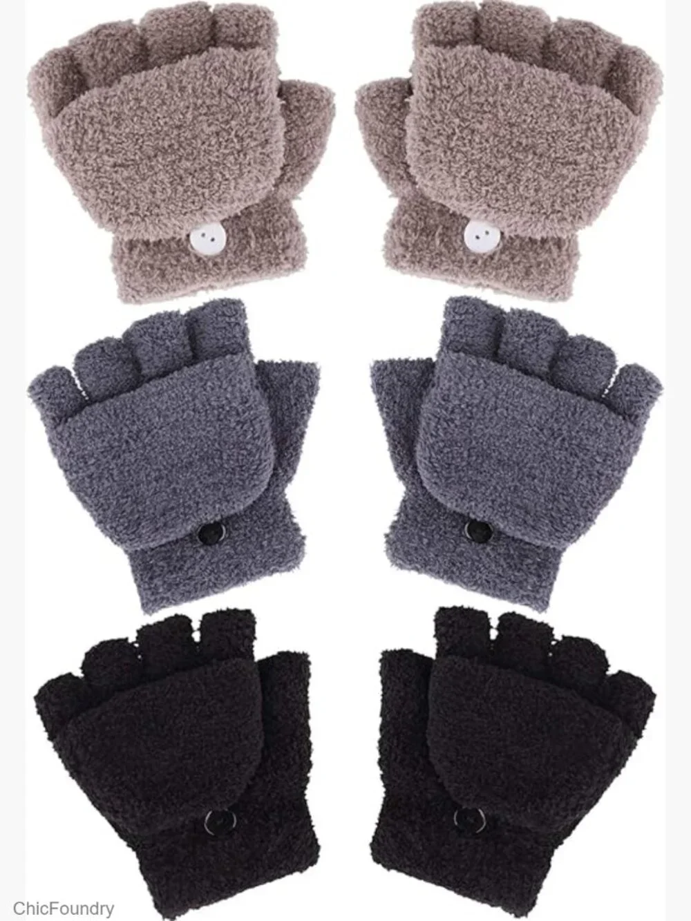 3 Pack Kids Fingerless Convertible Gloves Flip Top Mittens Winter Soft Knit